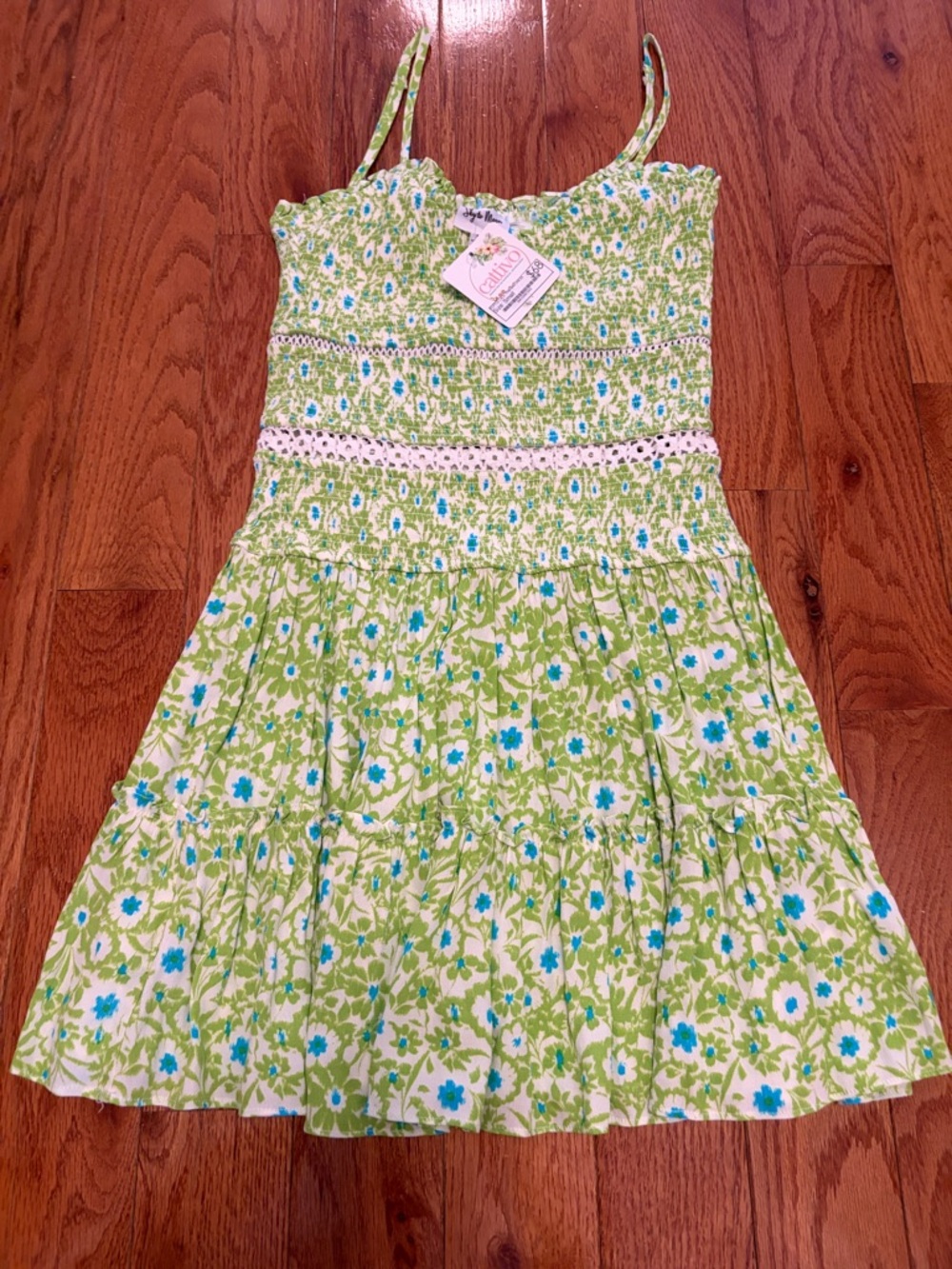 Girls' Green Floral Smocked Sundress with Lace Trim